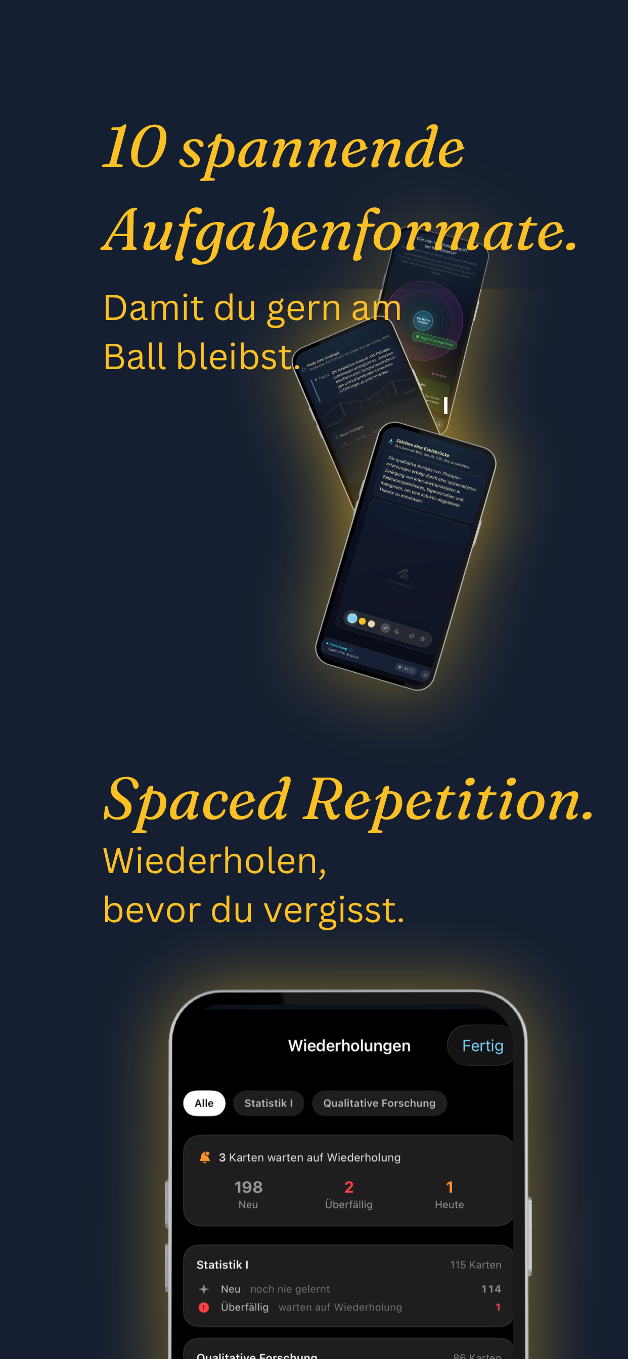 Über 15 Aufgabenformate und Spaced Repetition